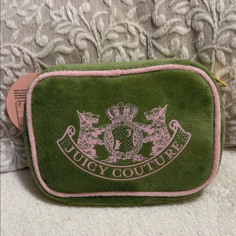 Juicy Couture Olive Green Plush Logo Pouch with Pink Trim
